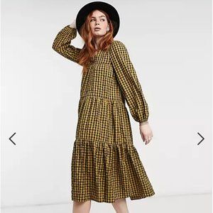 ASOS Seersucker Tiered Midi Smock Yellow Black Check Gingham Dress